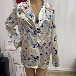 Satin Collared Pajama Shirt, Size Large