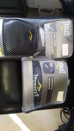 Everlast boxing gloves and head gear