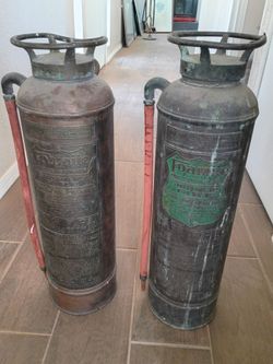 Antique Foamite Fire Extinguishers Pair Utica NY Copper Brass Industrial Decor
