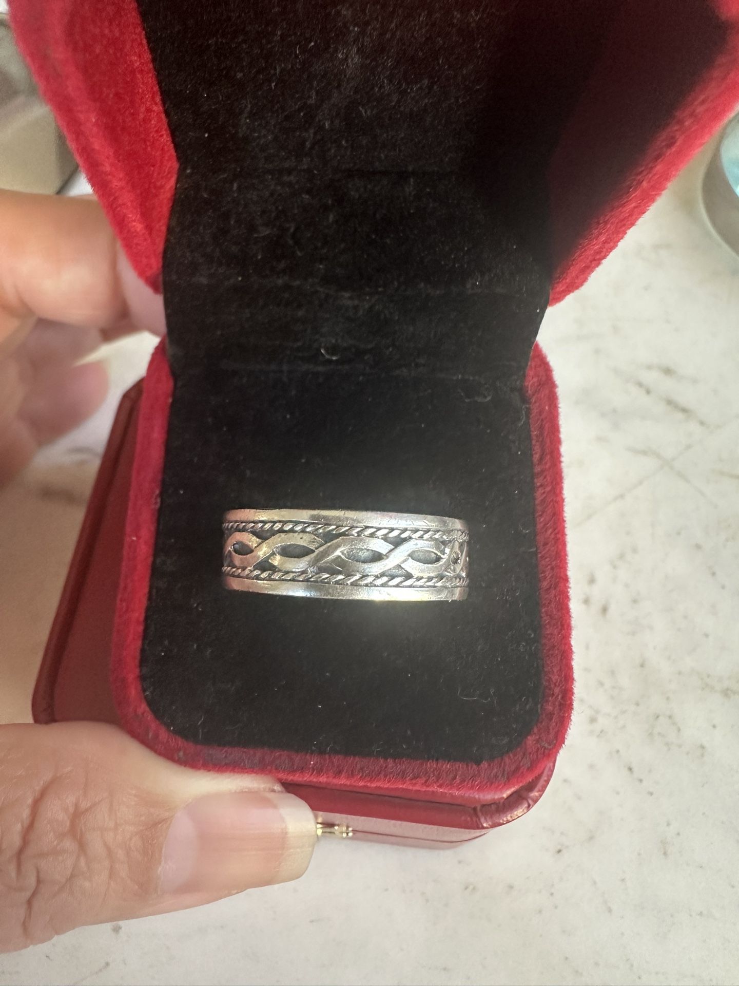 925 Solid Sterling Silver Band Ring With Design All Around , Size 13.25 , Marked 925