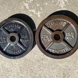 Two 35 Lb Cast Iron Olympic Weight Plates 