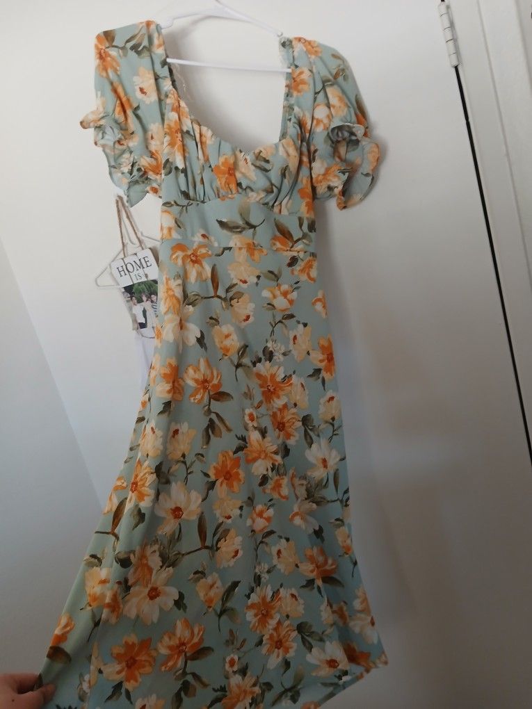 Floral Maxi Dress Sun Dress Sage Gold XL