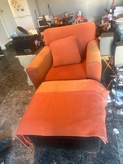Orange Upholstered Armchair with Ottoman