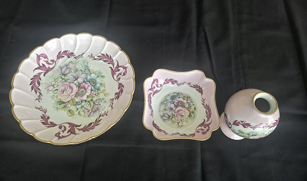 T. Burroughs Set Of 3 Pink Floral Vintage Porcelain