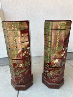Vintage Chinoiserie Lacquer Octagonal Pedestal Chests - Matching Pair