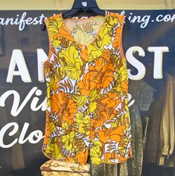 1970’s Vtg Floral Print Handmade Sleeveless Tunic Blouse Front Pockets Buttons L