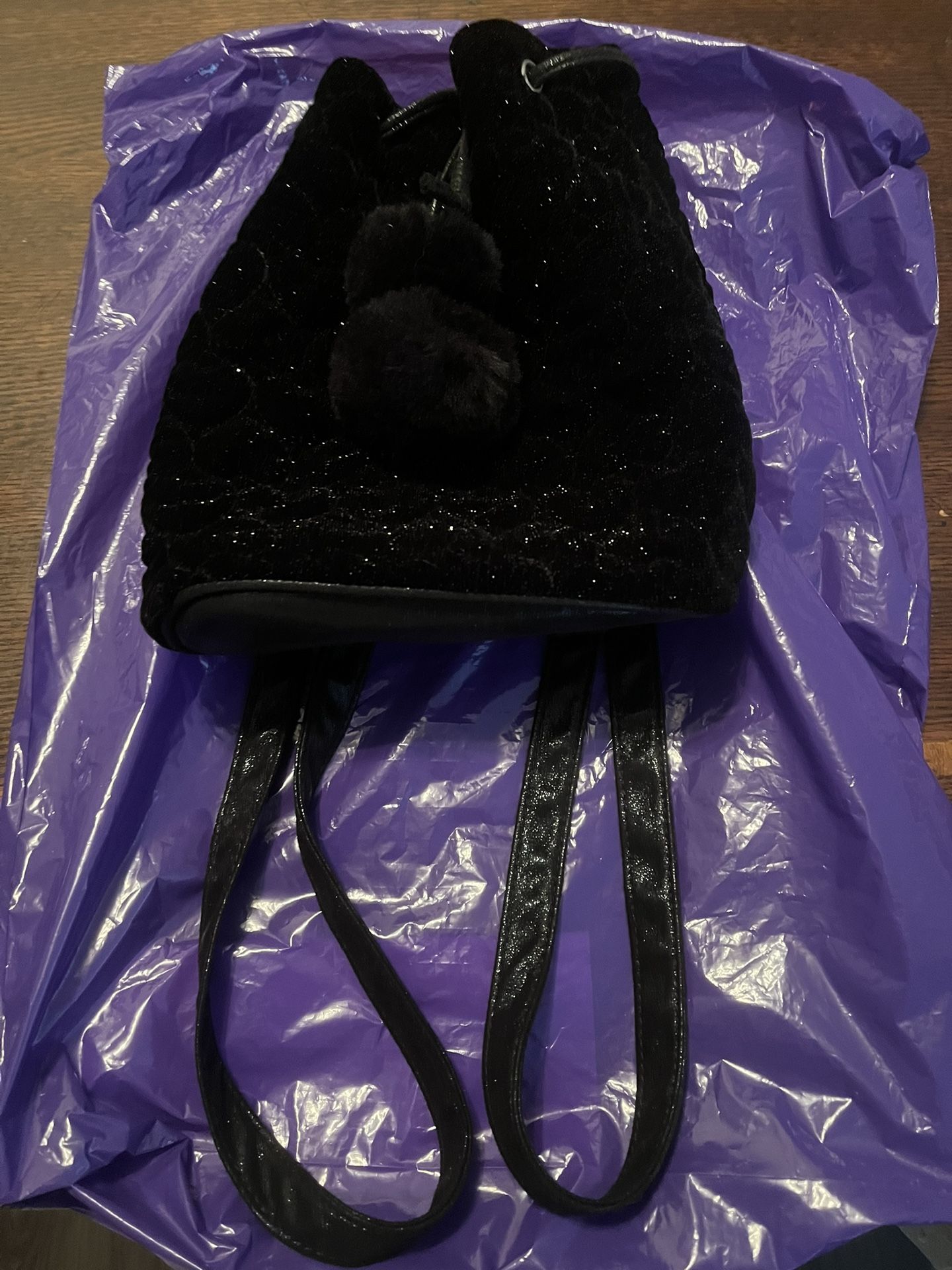 Black Faux Fur Trim Backpack Purse