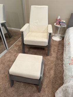 Dutailier Glider Rocking Chair and Ottoman (White Leather & Gray Wood) for nurseries or living areas