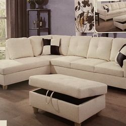 White Leather Sectional Couch And Ottoman