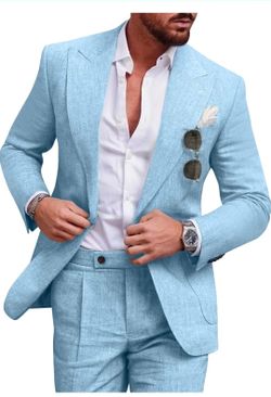 Size large,  Men Suit Set Casual Tuxedo 2 Piece Regular Fit Blazer One Button Solid Jacket and Pants for Prom Wed