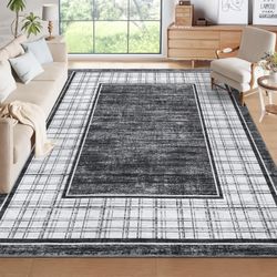 8x10 Low Pile Stain Resistant Nonslip Area Rug, Light Grey with Plaid Border, NEW