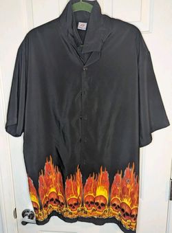 Flaming Skulls Anchor Blue Short Sleeve Flames And Skulls Print Shirt Size XL
