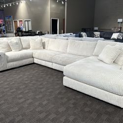 Cream White Corduroy Chaise Sectional 