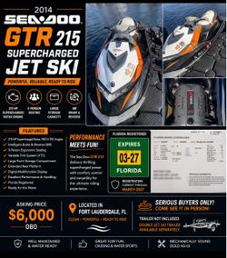2014 Sea-Doo GTR 215 Supercharged Jet Ski – $6,000 OBO