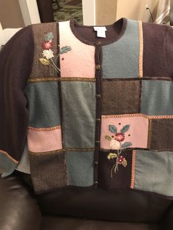 Vintage Koret M Med Wool Cardigan Sweater Pink Blue Brown Floral Metal Buttons