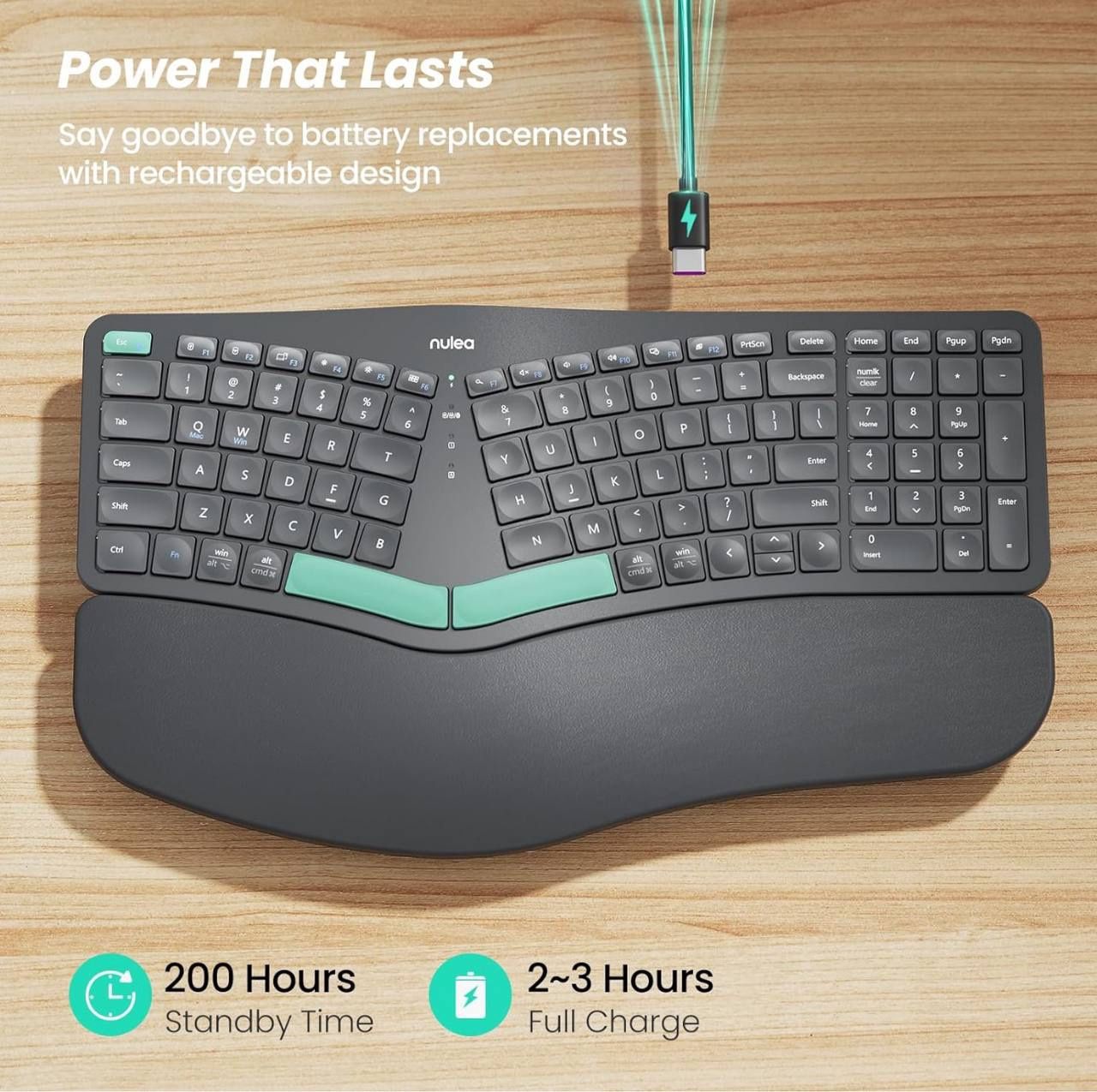Wireless Ergonomic Keyboard, Split Keyboard with Padded Wrist Rest, Bluetooth and USB Connectivity, USB-C Rechargeable, Compatible with Windows/Mac