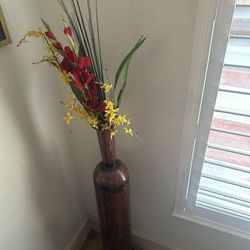 Metal Vase With Flowers And Wood Stand 