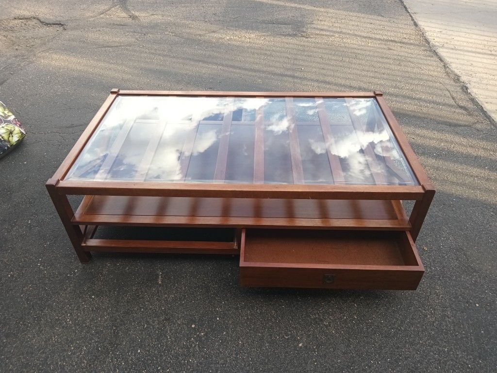 Unique Cherry Wood Coffee Table Glass Top