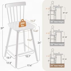LUE BONA Windsor Wooden Bar Stools Set of 2 for Kitchen Island, Farmhouse 24 Inch Counter Height Stools Chairs with Spindle Back, White