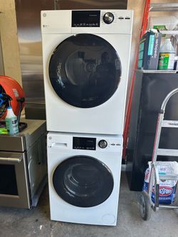 STACKING LAUNDRY CENTER 24 INCH SPACE SAVER GE BRAND  WASHER= 2.4 cu. ft. Stackable White Front Loading Washing Machine with Steam, ENERGY STAR DRYER=