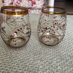 Stemless wine glass berry design gold trim 4 1/2” Pair of two Pier 1