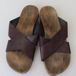 Gucci Brown Guccissima Leather Slide Sandals Size 10 Wooden Rare