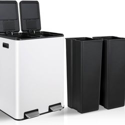 16 Gal Dual Kitchen Trash Can, Stainless Steel Garbage Bin, Recycle Waste Dustbin, w/2 Built-in Box for Odor Control, Soft-Close Lid,2 Bucke