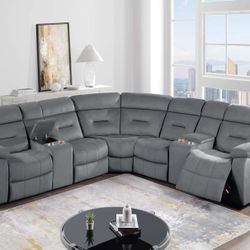 Brand New Grey Power Reclining Sectional Sofa 