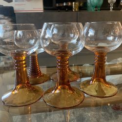 Vintage Set Of 5 Amber glass Goblets 