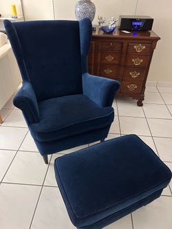 IKEA Strandmon Navy blue wingback chair with ottoman