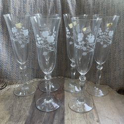 6 VTG Clear Hand Etched Floral Champagne Flutes Water Goblets Made In Italy 8.5”