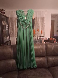 Emerald Green Pleated Maxi Dress With Rhinestone Chain Waist Detail