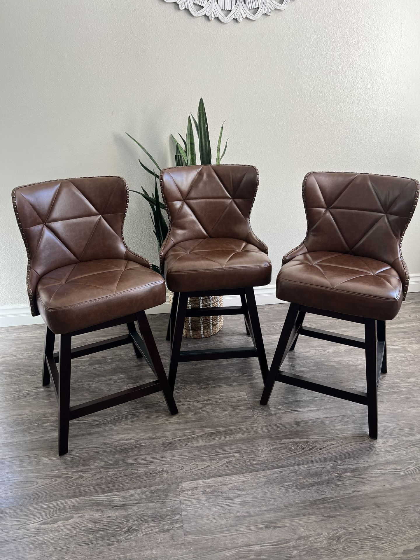 Counter Height Bar Stools Set of 3, 26" H Swivel Bar Stool with Back, Faux Leather Counter Stool, Solid Wood Legs, Retro Upholstered Barstools for Kit