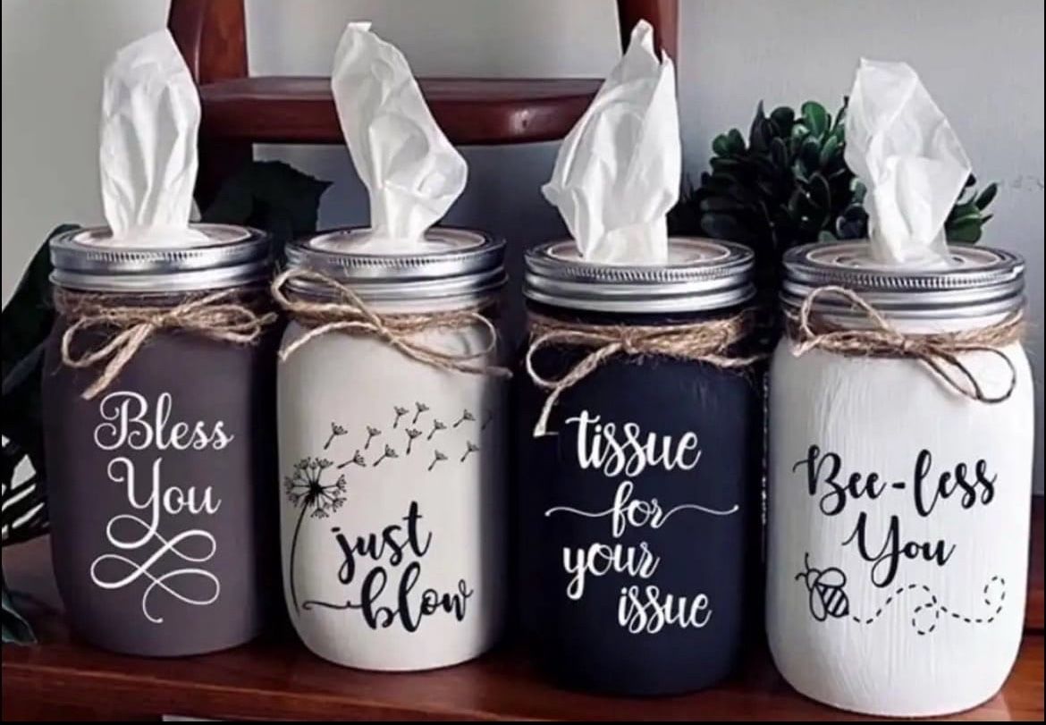4 Chalk Painted Mason Jars with Tissues