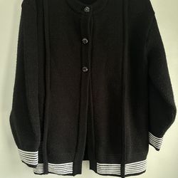 Vintage Cardigan Sweater Black White Stripes Womens Warm 3 button Front Size L