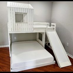 Twin Over Full Bunk Bed w Slide + Twin Mattress Like New