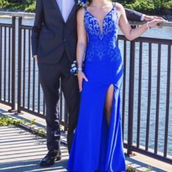 Blue Amarra Open Back Prom Dress