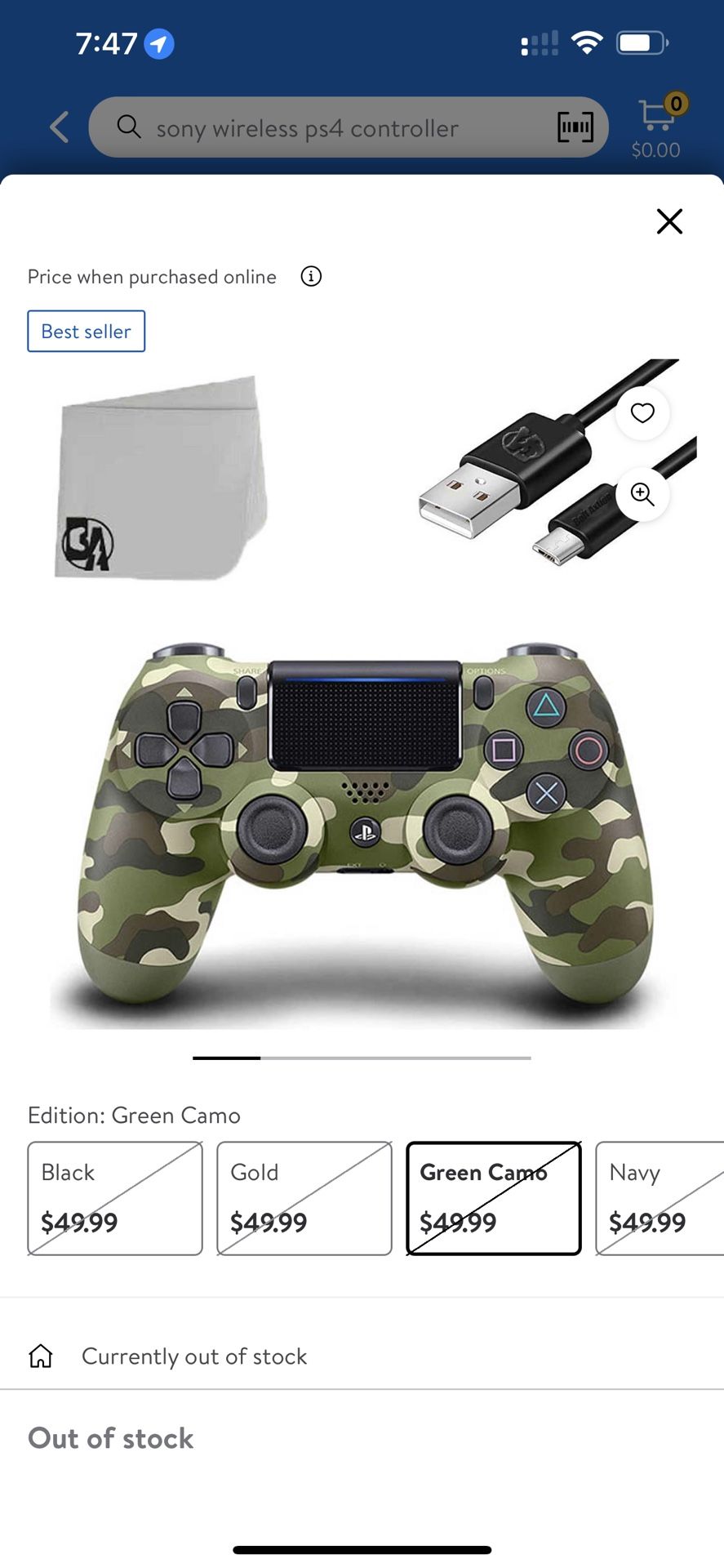 Dual Shock PS4 Wireless Green Camo Controller with Charging Cable BOLT AXTION Bundle Used Mint