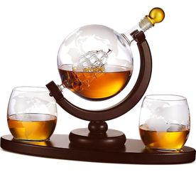 Whiskey Decanter Globe Set with 2 Etched Whiskey Glasses - for Liquor Scotch Bourbon Vodka, Gifts For Men - 850ml

