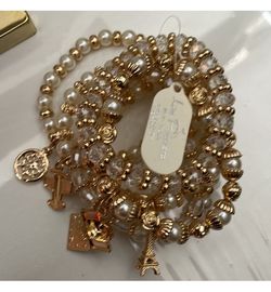 7 Stack Bohemian faux pearl & crystal Beaded stretch charm