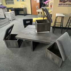 NewCosmos Moseberg Gray Oak Coffee Table with Storage Stools