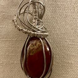 (13) Hand-Crafted Wire-Wrapped Pendant. Silver Wire/Stone Cabochon. 