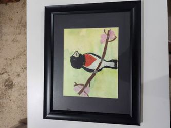 Framed Bird on Branch Wall Art Black Frame Floral Decorative Print 15"