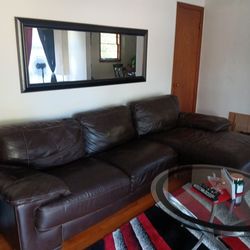 Leather Couch/ Rug And Curtains