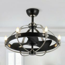 29" Lilo Rustic Caged Chandelier Ceiling Fan with Light and Remote Control, 3 Reversible Blades, Black