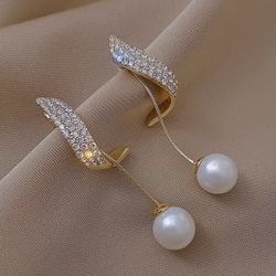 gorgeous women's long diamond inlaid pearl geometric earrings