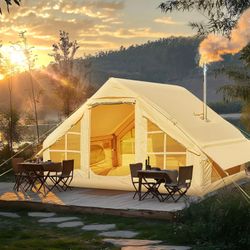 Inflatable Camping Tents with Hand Pump, Air Glamping Tents, Easy Setup 4 Season Waterproof Windproof Outdoor Blow Up Tent, Luxury Cabin Tent with Mes
