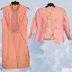 Antique Retro Baby Pink Sequin Dress and Jacket Blouse Womens Flapper Zipper Turtleneck Vintage