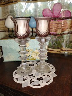 Candle holders, purple and clear glass