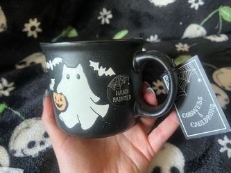 Halloween Ghost Kitchen Towels and Rare Hand Painted Ghost Cat Purranormal  Mug; Like New with tags